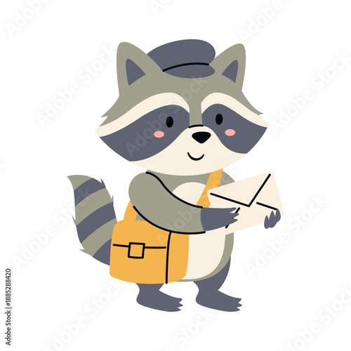 Cute Friendly Raccoon Mail Carrier with Letter Vector Illustration