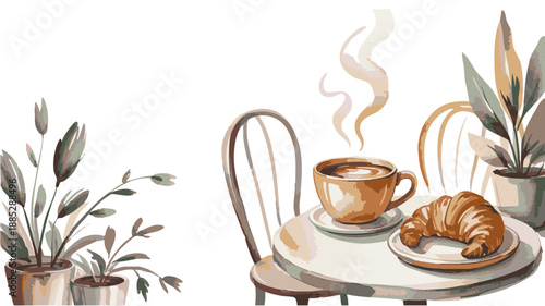 Cozy Cafe Scene with Coffee and Croissant.