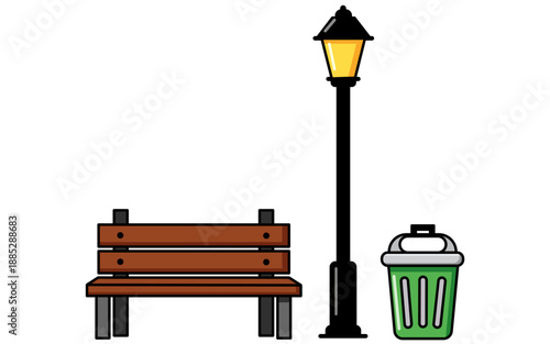 Park Bench Lamppost and Trash Can Icon Vector Illustration