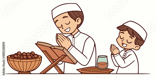 Muslim Father and Son Praying with Quran and Dates Vector