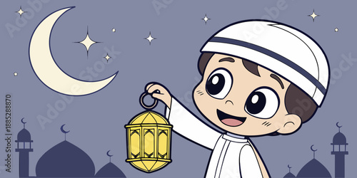 Cute Cartoon Muslim Boy Holding Lantern for Ramadan Celebration