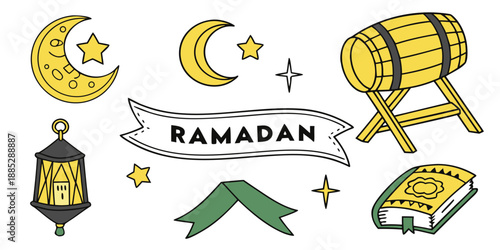 Ramadan doodle illustration set with moon, lantern, drum and Quran