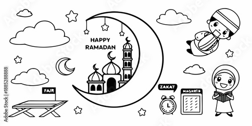 Ramadan Coloring Page for Kids with Mosque and Muslim Characters