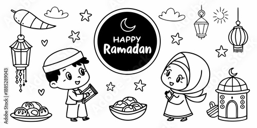 Happy Ramadan Coloring Page Illustration for Kids