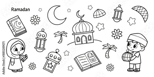 Ramadan Coloring Page for Kids with Cute Characters and Symbols