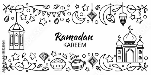 Ramadan Kareem Doodle Border Illustration with Mosque and Lanterns