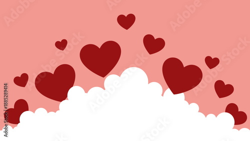 Romantic Red Hearts Floating Above Fluffy Clouds on a Pink Background - Love Theme