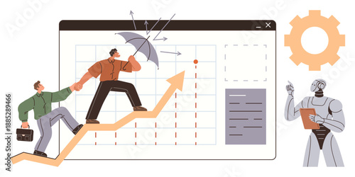Business growth, teamwork, risk management, artificial intelligence, future technology, strategic planning. Businessmen climbing an arrow chart while protecting from risks. Business growth