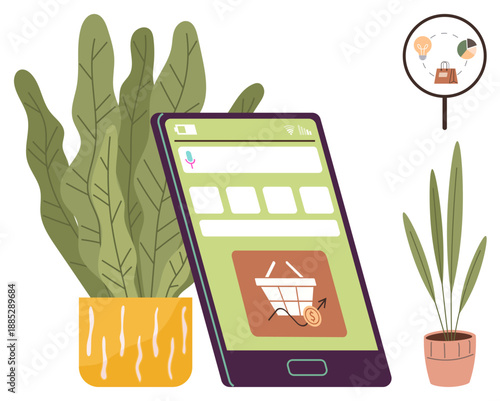 Online shopping, e-commerce, digital marketing, mobile apps, business growth, lifestyle. A smartphone highlights a shopping cart icon. Online shopping and e-commerce concepts