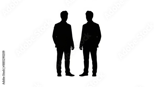 Two Men Silhouettes Standing Together Isolated on White Background.