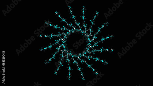 Futuristic cyan and white abstract radial pattern design element with dynamic spiral shape isolated on dark background