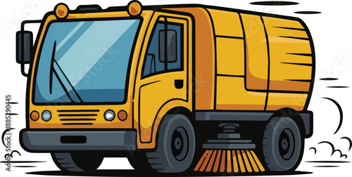 A vibrant cartoon illustration depicts the front view of a classic yellow school bus in motion