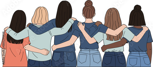 Six diverse women embrace in a unified, blue flat vector illustration, seen from the back against a white background, celebrating women's day.