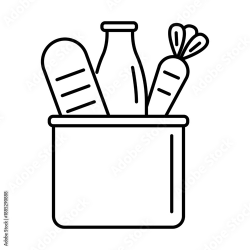 Grocery basket. Bag of food, bottle of milk, bread, carrots. Assistance to poor. Icon in black and white line. Donation concept.