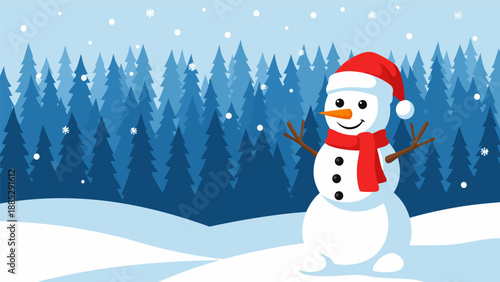 Winter scene with a snowman and snowy forest, flat vector illustration perfect for holiday and seasonal designs