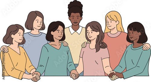 Empowering flat vector illustration of diverse women holding hands and embracing, symbolizing unity for women's day in warm pastel colors.
