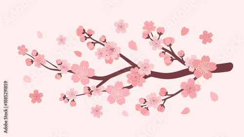 Sakura Branch with Falling Petals on Light Pink Background, Spring Blossom