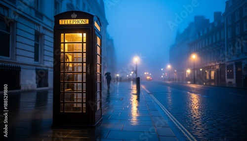 Vintage Wood Telephone Booth on a Foggy London Street at Dusk