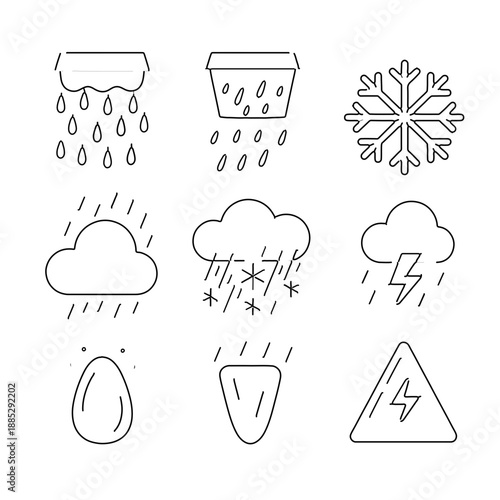 Set of weather icons representing rain, snow, hail, thunderstorm, and warning signs for weather alerts