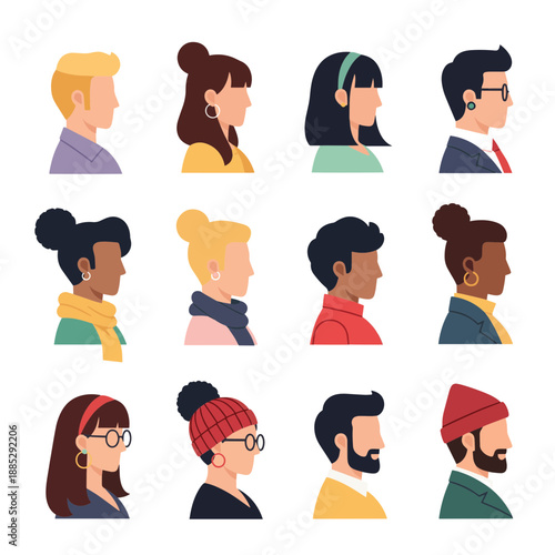 Diverse set of stylized headshot portraits in profile view, representing various people and ethnicities
