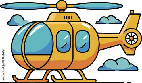 A brightly colored cartoon illustration depicting a portion of a yellow helicopter with blue details