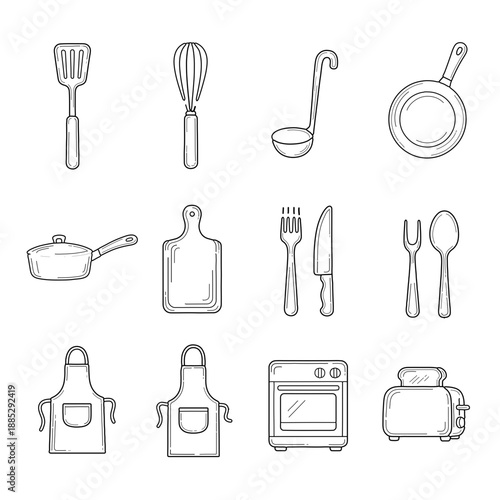 Collection of hand-drawn outline icons depicting essential kitchen tools, cooking utensils, and home appliances
