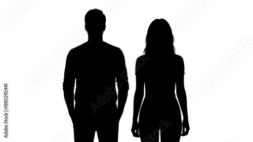 Silhouette Couple Man Woman Standing Together White Background.
