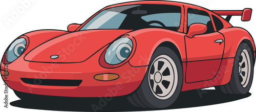 A vibrant cartoon illustration of a sleek red sports car s front end is displayed