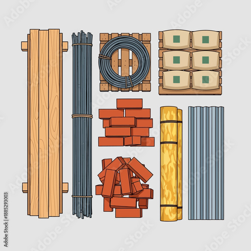 Flat Lay Construction Materials Set. Building Supplies Icon Collection: Wood, Rebar, Bricks, Cement, Insulation, Roofing. Vector Art Top View.