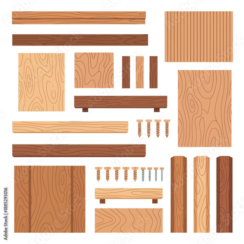 Vector Set of Wood Planks, Boards, Beams, and Screws. Carpentry and DIY Construction Elements Kit with Different Wood Textures