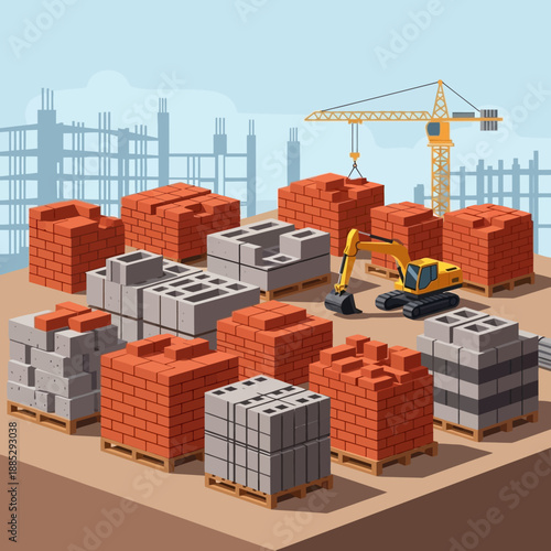 Building Materials and Construction Site Isometric Illustration. Stacks of Bricks, Concrete Blocks, Crane, and Excavator.