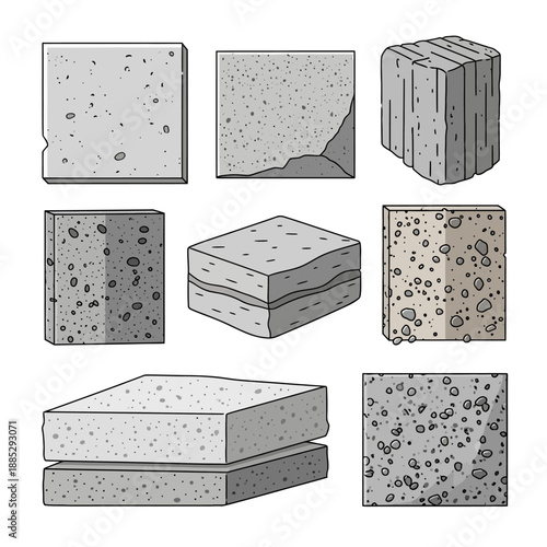 Vector Set of Concrete Blocks, Cement Pavers, and Hand-Drawn Construction Material Icons