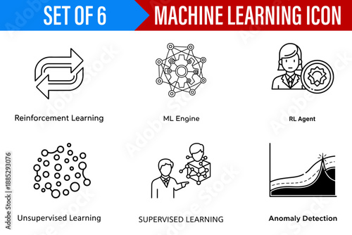 Minimalist Technical Vector Illustration Set featuring Machine Learning Concepts and AI processes for informational and professional use