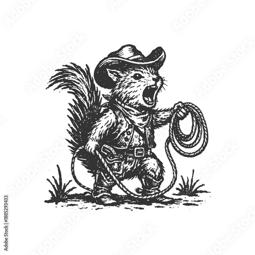 Cowboy Squirrel with Lasso Vintage Ink Illustration