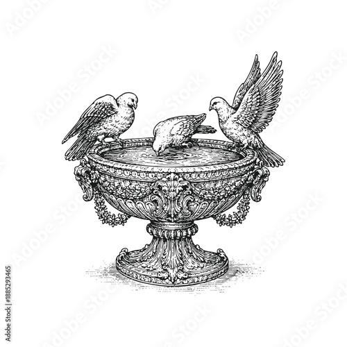 Vintage Engraving Birds at Ornate Fountain