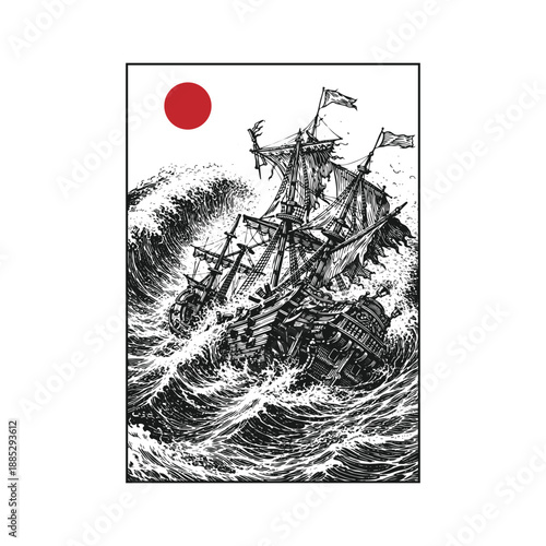Sinking Ship in Stormy Ocean Engraving
