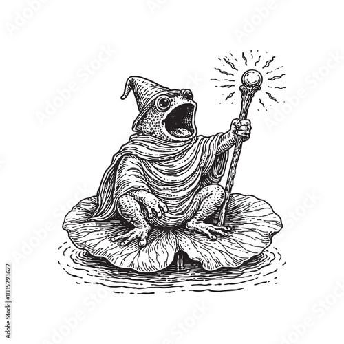 Screaming Wizard Frog on Lotus Leaf Ink Illustration
