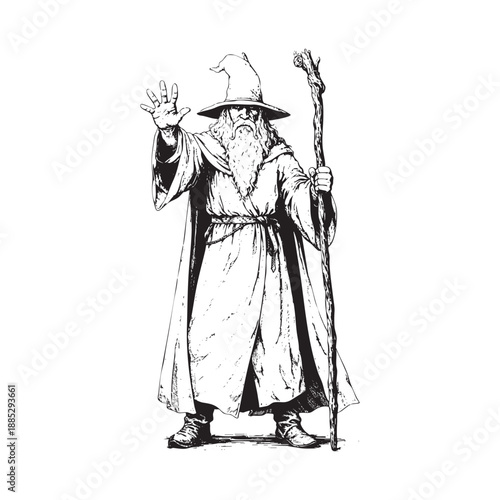 Front View Wizard Casting Spell with Staff Ink Illustration
