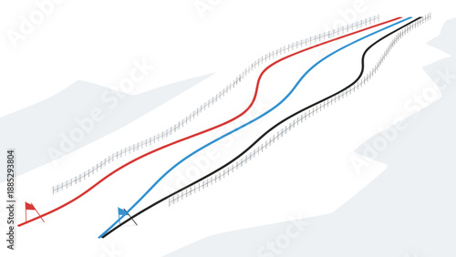 Isometric ski racing course with multiple tracks and gates