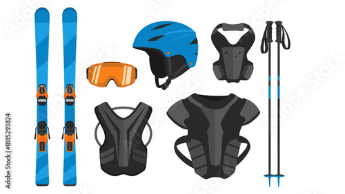Essential flat style ski equipment with helmet and poles on white background