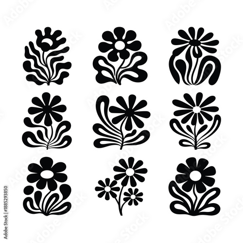 Abstract groovy floral poster designs Silhouette set.