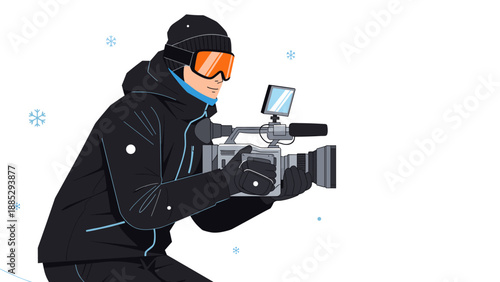 Winter cameraman capturing snowy moments in dynamic flat style