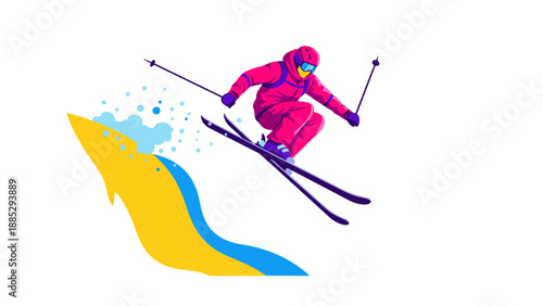 Colorful skier in action with vibrant snow trail