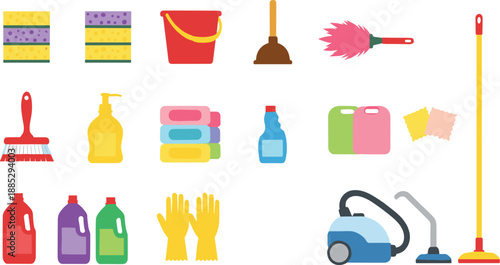 Cleaning supplies and household equipment illustration set with broom mop bucket gloves detergent and vacuum icons