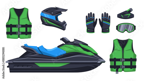 Jet ski equipment set with safety gear and helmet in modern design