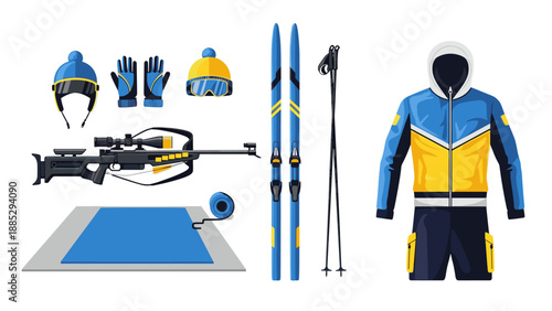 Biathlon equipment set: skiing gear, rifle, winter clothing, flat design