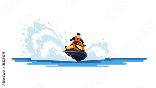 Dynamic flat design of man riding jet ski on splashes of water