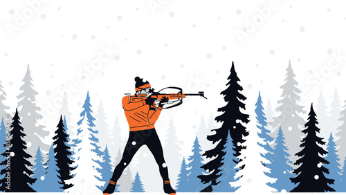 Winter biathlon scene with person aiming crossbow in snowy forest