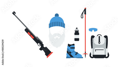 Winter outdoor essentials: ski equipment and gear featuring minimalist design