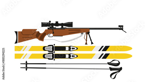 Winter sports equipment collection with biathlon rifle and skis